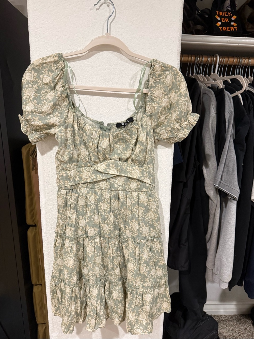 Trixxi Sage Green Floral Puff-Sleeve Mini Dress